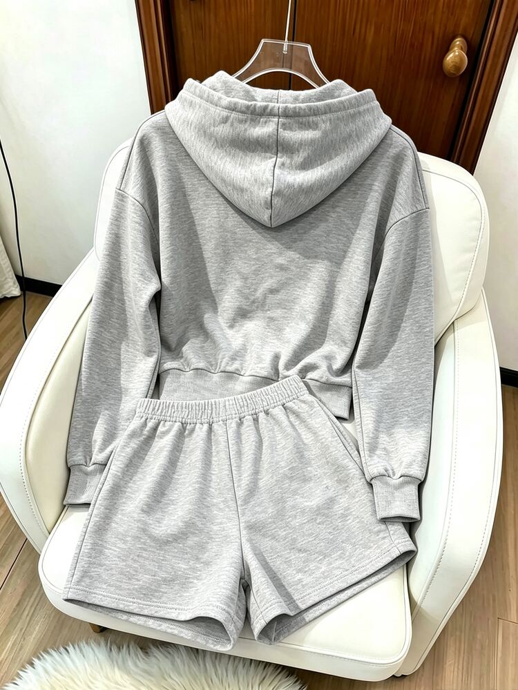 Resyla New Fashion Black New York NY Letter Embroidered Sportswear Set, Street Style Youthful Zipper Hoodie & Shorts 2-Piece Set, Minimalist Sporty Hooded Jacket + Shorts Set, Elegant Comfortable Design, Casual Outing 2-Piece Set, Embroidered Set - Light Grey - View 2