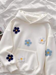 SHEIN Tween Girls Black Gray Blue Three-Color Floral Print Pattern Sweatshirt Cute Casual Everyday - White - View 9