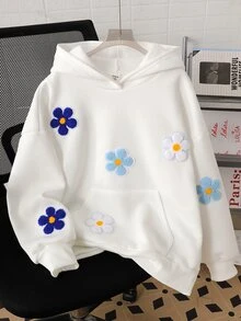 SHEIN Tween Girls Black Gray Blue Three-Color Floral Print Pattern Sweatshirt Cute Casual Everyday - White - View 2