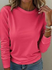 EMERY ROSE A Large-Sized Rose-Red Round-Neck Long-Sleeved T-Shirt, Comfortable And Versatile Fall - Hot Pink - View 1
