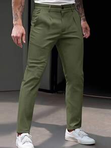 Manfinity Mode 男士纯色褶裥腰部休闲裤，正式场合适用 - 軍綠色 - 查看 3