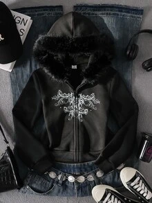 SHEIN 1件青少年女孩復古暗黑風夾克外套，長袖抓絨，秋季服飾，日常街頭校園出遊約會派對穿搭，秋冬款 - 黑色 - 查看 8