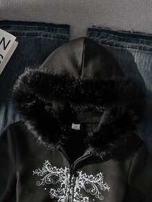 SHEIN 1件青少年女孩復古暗黑風夾克外套，長袖抓絨，秋季服飾，日常街頭校園出遊約會派對穿搭，秋冬款 - 黑色 - 查看 4
