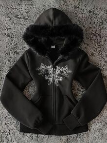 SHEIN 1件青少年女孩復古暗黑風夾克外套，長袖抓絨，秋季服飾，日常街頭校園出遊約會派對穿搭，秋冬款 - 黑色 - 查看 1