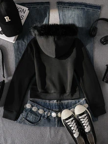 SHEIN 1件青少年女孩復古暗黑風夾克外套，長袖抓絨，秋季服飾，日常街頭校園出遊約會派對穿搭，秋冬款 - 黑色 - 查看 2