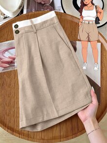 GlowEve CURVE Plus Size Women's Early Autumn Two-Tone Fabric Apricot And White Waistband Design Minimalist Fashion Shorts With Side Pockets, Suitable For Commuting And Daily Wear - Multicolor - View 1