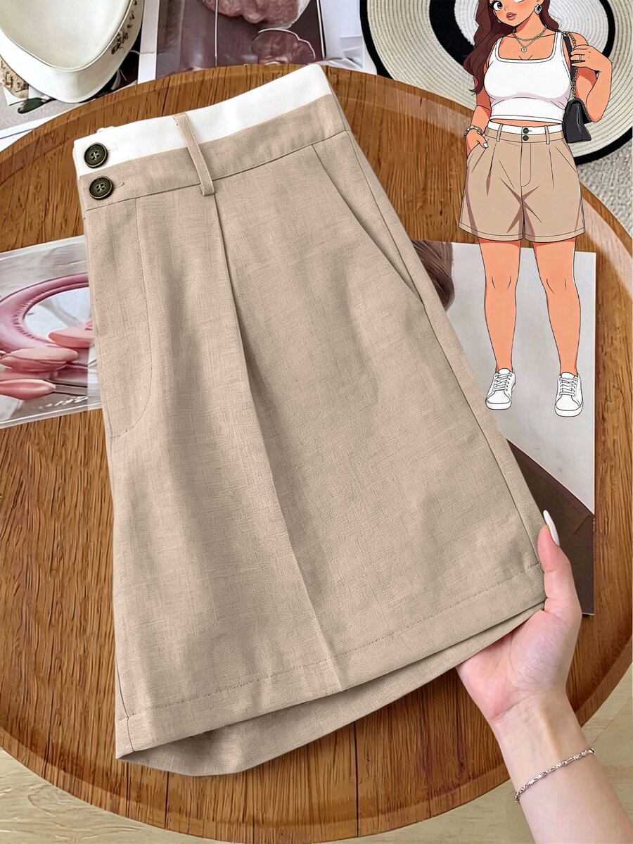 GlowEve CURVE Plus Size Women's Early Autumn Two-Tone Fabric Apricot And White Waistband Design Minimalist Fashion Shorts With Side Pockets, Suitable For Commuting And Daily Wear - Multicolor - View 1