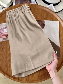 GlowEve CURVE Plus Size Women's Early Autumn Two-Tone Fabric Apricot And White Waistband Design Minimalist Fashion Shorts With Side Pockets, Suitable For Commuting And Daily Wear - Multicolor - View 2