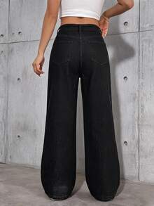 Jeanoix Women's Outdoor Fashion Reversible Color Block Black Denim Wide Leg Pants - Black - View 2