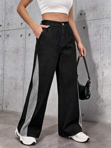 Jeanoix Women's Outdoor Fashion Reversible Color Block Black Denim Wide Leg Pants - Black - View 4