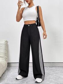 Jeanoix Women's Outdoor Fashion Reversible Color Block Black Denim Wide Leg Pants - Black - View 5
