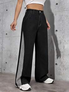 Jeanoix Women's Outdoor Fashion Reversible Color Block Black Denim Wide Leg Pants - Black - View 3