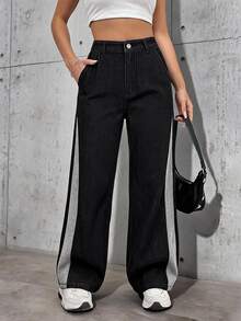 Jeanoix Women's Outdoor Fashion Reversible Color Block Black Denim Wide Leg Pants - Black - View 1