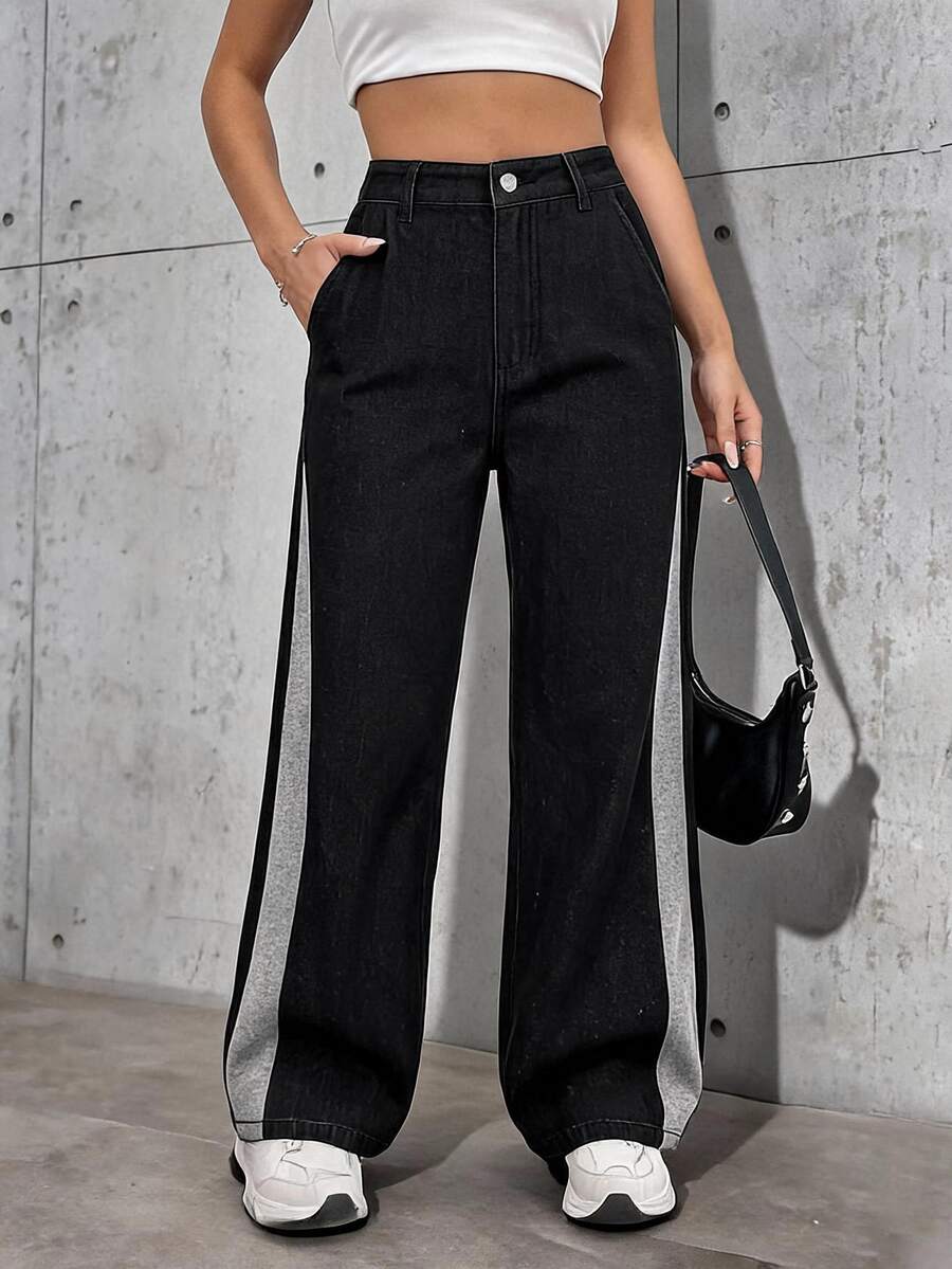Jeanoix Women's Outdoor Fashion Reversible Color Block Black Denim Wide Leg Pants - Black - View 1