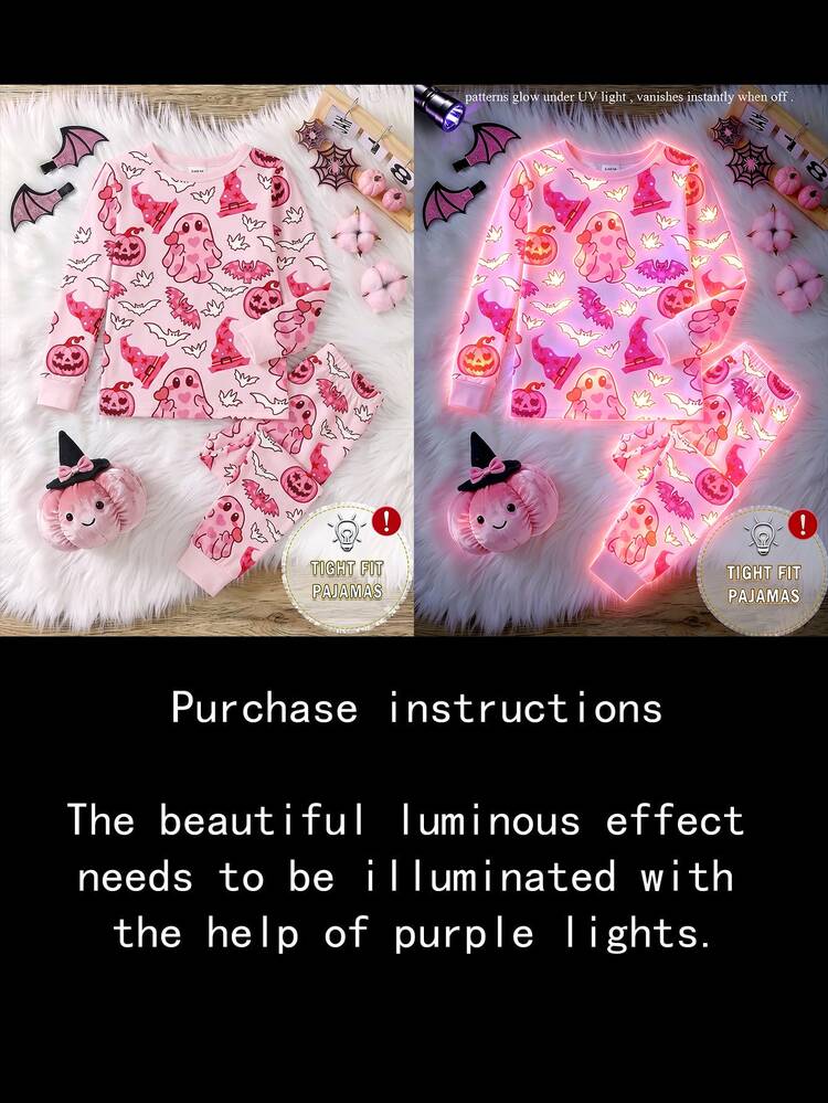 Girls' UV Shines Fluorescent Glow-In-The-Dark Loungewear Set, Cute Playful Style, Pink Ghost Pumpkin Bat All-Over Print, Soft Skin-Friendly High-Stretch Knit Fabric, Fitted Round Neck Long Sleeve Top And Long Pants, 2 Pieces Pajama Set For Spring Autumn Winter - Multicolor - View 9