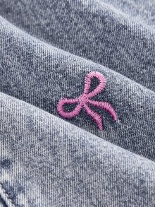 SHEIN 青少年女孩時尚休閒 Y2K 彩色蝴蝶結刺繡藍色寬鬆牛仔褲 - 藍色 - 查看 4