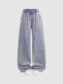 SHEIN 青少年女孩時尚休閒 Y2K 彩色蝴蝶結刺繡藍色寬鬆牛仔褲 - 藍色 - 查看 1