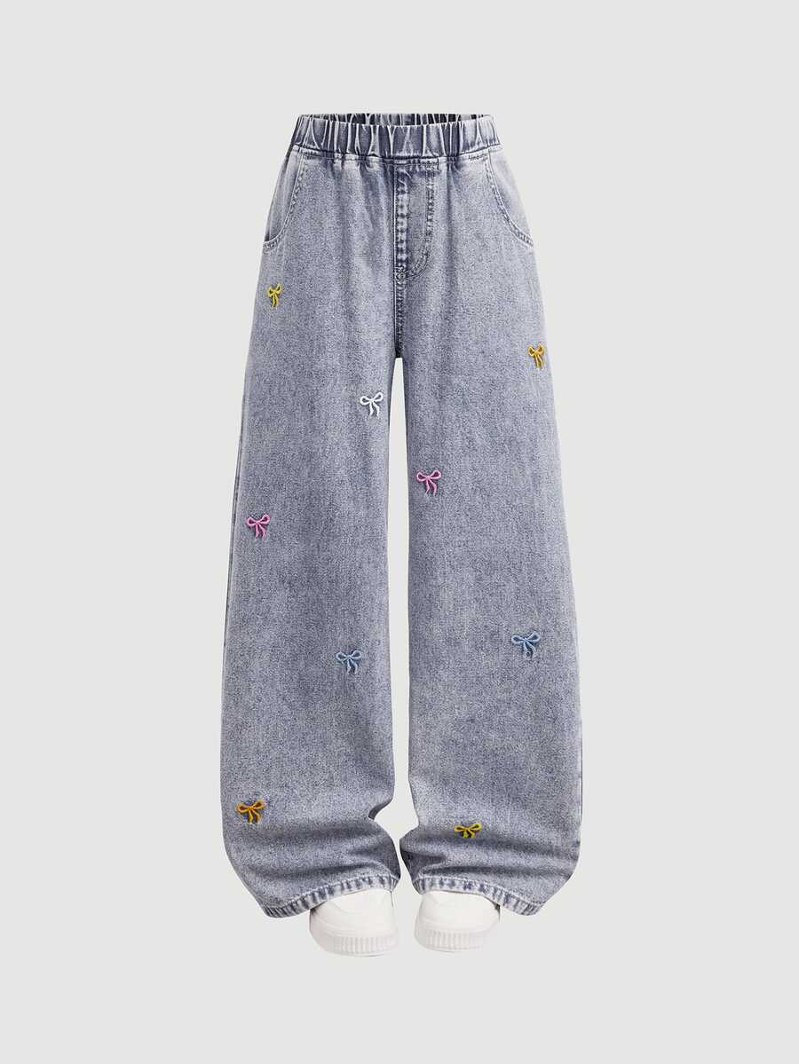 SHEIN 青少年女孩時尚休閒 Y2K 彩色蝴蝶結刺繡藍色寬鬆牛仔褲 - 藍色 - 查看 1