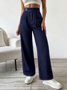 SHEIN PETITE Women's Outdoor Fashion All-Season Denim Wide Leg Pants - Dark Wash - View 4