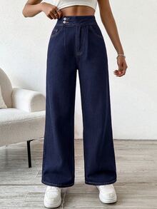 SHEIN PETITE Women's Outdoor Fashion All-Season Denim Wide Leg Pants - Dark Wash - View 6