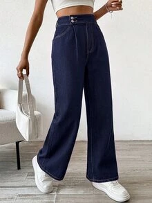 SHEIN PETITE Women's Outdoor Fashion All-Season Denim Wide Leg Pants - Dark Wash - View 3