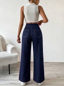 SHEIN PETITE Women's Outdoor Fashion All-Season Denim Wide Leg Pants - Dark Wash - View 2