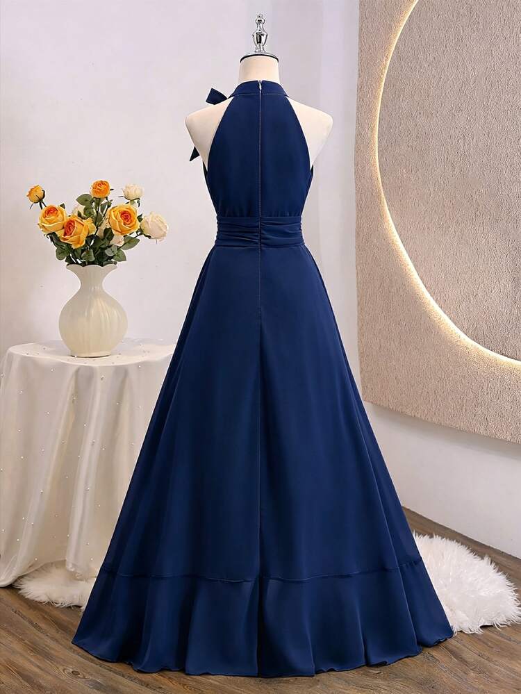SHEIN Back To School Teen Girls Navy Blue Elegant Halter Neck Contrast Mesh A-Line Maxi Long Dress Sixth Form,Graduation,Party - Navy Blue - View 2