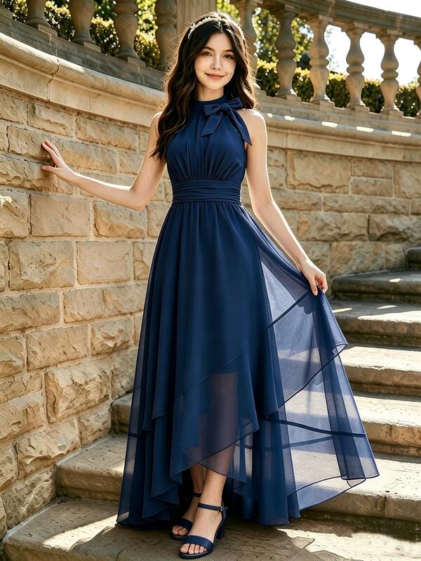 SHEIN Back To School Teen Girls Navy Blue Elegant Halter Neck Contrast Mesh A-Line Maxi Long Dress Sixth Form,Graduation,Party
