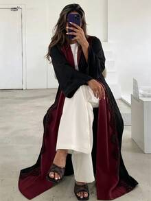 Yasmyna 優雅高端性感黑白對比蕾絲拼接長款女式阿巴雅 - 酒紅色 - 查看 1