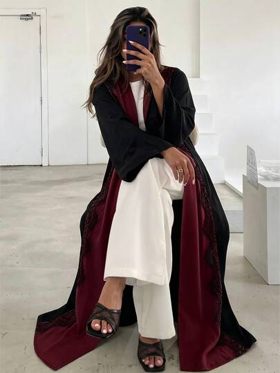 Yasmyna 優雅高端性感黑白對比蕾絲拼接長款女式阿巴雅