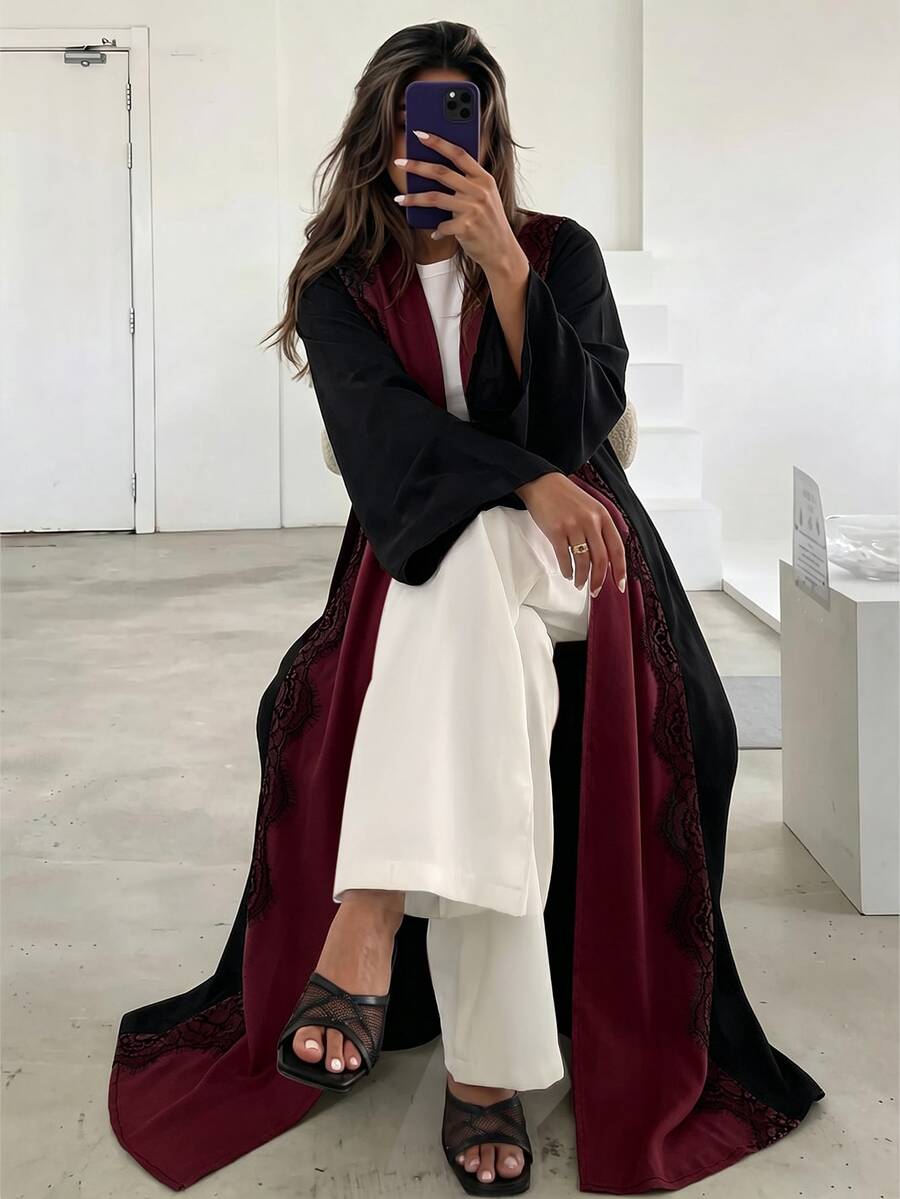 Yasmyna 優雅高端性感黑白對比蕾絲拼接長款女式阿巴雅 - 酒紅色 - 查看 1