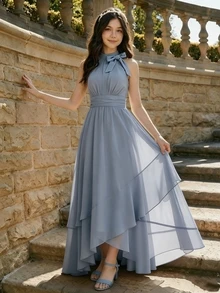 SHEIN Back To School Teen Girls Solid Color Pleated Waist Asymmetrical Hem Halter Neck Maxi Dress Sixth Form,Graduation,Party - Dusty Blue - View 2