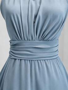 SHEIN Back To School Teen Girls Solid Color Pleated Waist Asymmetrical Hem Halter Neck Maxi Dress Sixth Form,Graduation,Party - Dusty Blue - View 5