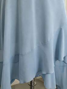 SHEIN Back To School Teen Girls Solid Color Pleated Waist Asymmetrical Hem Halter Neck Maxi Dress Sixth Form,Graduation,Party - Dusty Blue - View 8