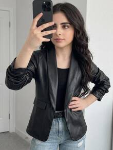 Tween Girls Lapel PU 3/4 Sleeve Blazer Jacket, Suitable For Daily Wear, Applicable For Autumn/Spring - Black - View 6