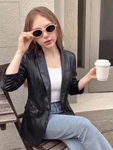 Tween Girls Lapel PU 3/4 Sleeve Blazer Jacket, Suitable For Daily Wear, Applicable For Autumn/Spring - Black - View 9