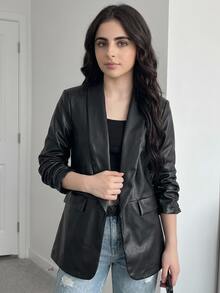 Tween Girls Lapel PU 3/4 Sleeve Blazer Jacket, Suitable For Daily Wear, Applicable For Autumn/Spring - Black - View 8