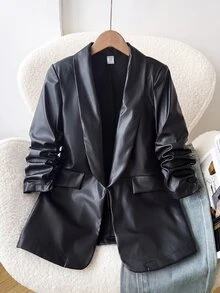 Tween Girls Lapel PU 3/4 Sleeve Blazer Jacket, Suitable For Daily Wear, Applicable For Autumn/Spring - Black - View 10
