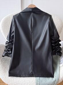 Tween Girls Lapel PU 3/4 Sleeve Blazer Jacket, Suitable For Daily Wear, Applicable For Autumn/Spring - Black - View 11