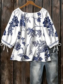 EMERY ROSE Camisa de cuello redondo casual minimalista con mangas 3/4 y estampado floral vintage - Multicolor - Ver 2