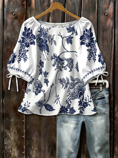 EMERY ROSE Vintage Floral Pattern Casual Minimalist Round Neck 3/4 Sleeve Shirt Fall