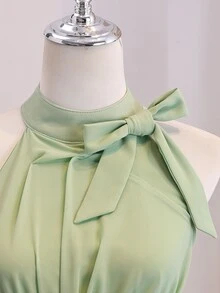 SHEIN Teen Girl Elegant Party Solid Color Bow Decor Halter Mini Dress, Summer, Graduation, Outfits - Mint Green - View 7