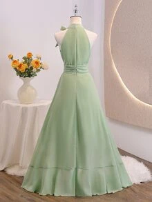SHEIN Teen Girl Elegant Party Solid Color Bow Decor Halter Mini Dress, Summer, Graduation, Outfits - Mint Green - View 3