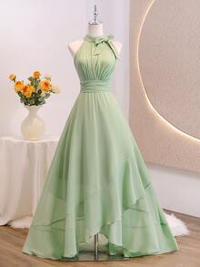 SHEIN Teen Girl Elegant Party Solid Color Bow Decor Halter Mini Dress, Summer, Graduation, Outfits - Mint Green - View 4