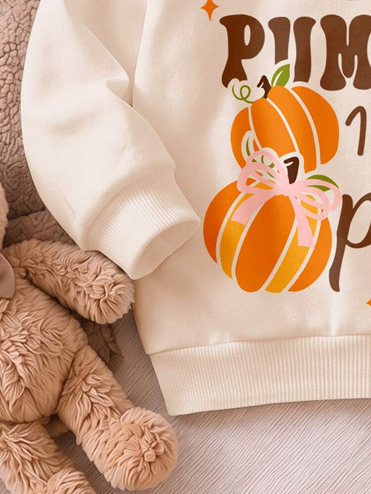 Colorful Light Apricot, Cute Pastoral Country Style Bow Pumpkin Flower, Cute Letter Pumpkin, The Cutest Little Pumpkin In The Pumpkin Patch, Girls Casual Crew Neck Long Sleeve Sweatshirt And Leggings 2-Piece Set, Autumn/Winter New Style Suitable For Daily, Farm, Not Scary Halloween, Thanksgiving, Rich Autumn Atmosphere, Pumpkin Patch Family Outing, Autumn Harvest Aesthetic - Multicolor - View 6