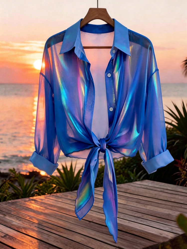 GlowEve Premium Iridescent Sheer Chiffon Tie-Front Casual Vacation Blouse For Women - Royal Blue - View 1