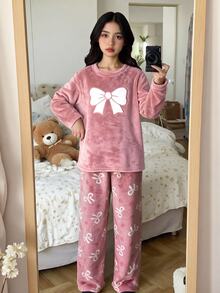 SHEIN 青少年女孩毛絨蝴蝶結刺繡印花長袖褲裝套裝 秋冬穿搭 - 淺粉色 - 查看 4