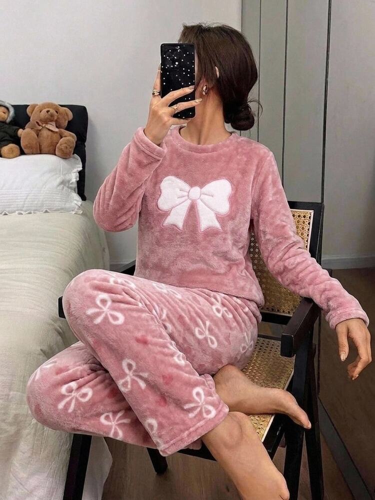 SHEIN Tween Girls Plush Bow Embroidery Print Bow Long Sleeve Pants Set Fall/Winter Outfits - Baby Pink - View 3