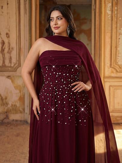 Aureia Plus Size Elegant Luxurious Glamorous Beaded Rhinestone Sexy Strapless Full Skirt Slit Chiffon Ruched Strapless Dress For Wedding Events Bachelorette Party Vacation Prom Evening Gala