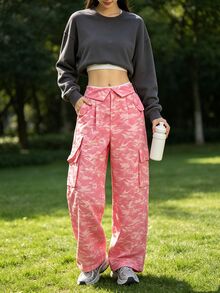 WanderVale Women's Camouflage Waist Fold Cargo Pocket Hiking Pants - Pink - View 1